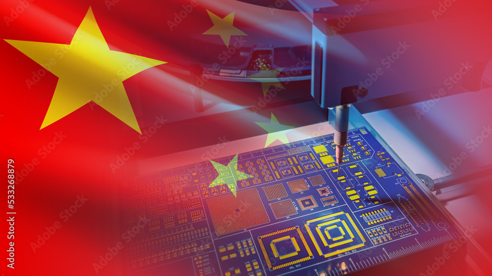 Poster chinese microelectronics. china flag and pcb. electronic printed circuit board china. pcb creating. 