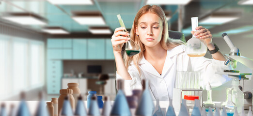 Student scientist. Woman in laboratory. Girl laboratory assistant. Student making chemical experiment in laboratory. Scientific researcher at table with flasks and microscope. Woman chemist