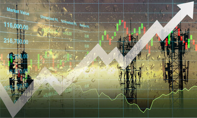 Silhouette of three communication poles on rainy day twilight sky with graph and chart for stock financial index and technology business advertising background.