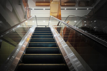 Perspective view of empty escalator in shopping center show nobody because of economics problems with dark edges all alround for business recession presentation background.