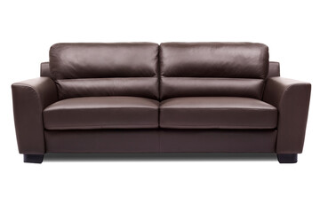 Dark brown leather 2 seater designer sofa with black wood legs, isolated on white, furniture series
