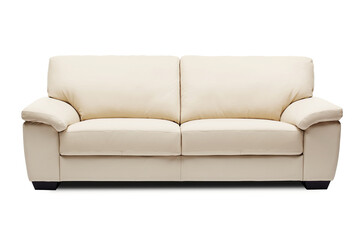 Fototapeta premium Beige leather 2 seater designer sofa with black wood legs, isolated on white, furniture series