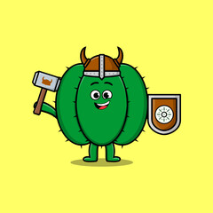 Cute cartoon character Cactus viking pirate with hat and holding hammer and shield