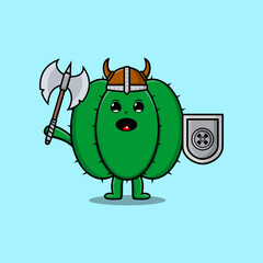 Cute cartoon character Cactus viking pirate with hat and holding ax and shield 