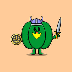 Cute cartoon character Cactus viking pirate with hat and holding sword and shield illustration