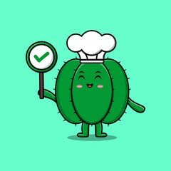 Cute cartoon cactus chef character holding correct sign board in vector character illustration