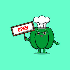 Cute cartoon cactus character holding open sign board designs in concept flat cartoon style