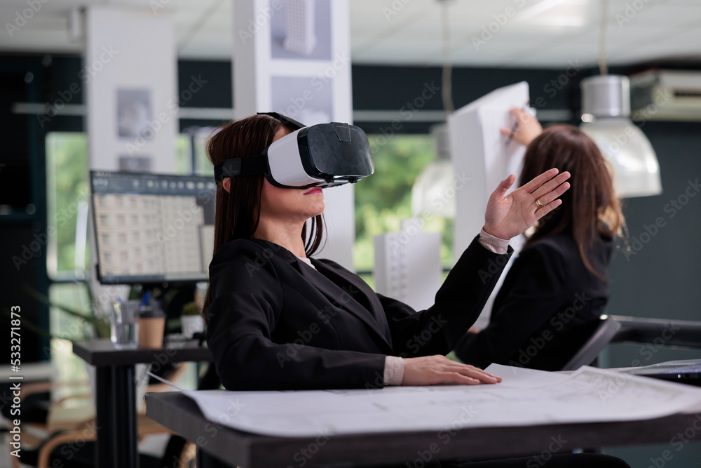 Aufkleber cad designer in vr headset working on project in metaverse. employee engineering in architecture off