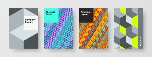 Simple geometric hexagons annual report layout bundle. Vivid magazine cover A4 vector design template composition.