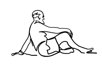 Old man sitting on sea beach. One line art illustration. Continuous line drawn by hand in outline style. Summer and people. Vector illustration. 