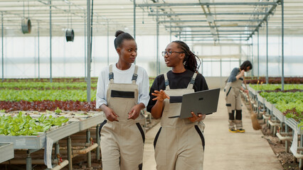 Two african american women working in modern greenhouse holding laptop walking and talking about...