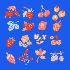 Set of decorative minimalist berries, flowers and leaves for design. Flat style nature and flora for patterns, backgrounds. Strawberries, spiked berries, holly on branch. Vector illustrations.