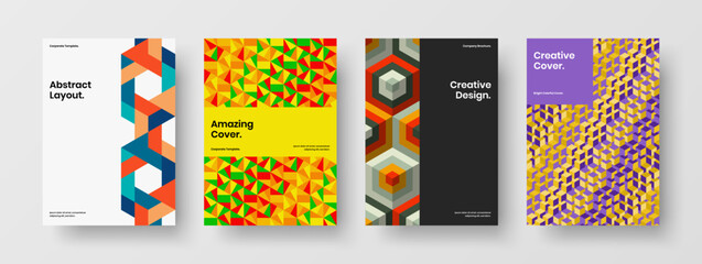 Fototapeta premium Minimalistic company brochure vector design illustration composition. Isolated mosaic tiles booklet layout set.