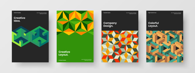 Naklejka premium Bright geometric pattern presentation illustration set. Trendy catalog cover A4 design vector layout bundle.