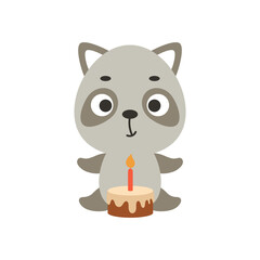Cute little raccoon with birthday cake on white background. Cartoon animal character for kids cards, baby shower, invitation, poster, t-shirt composition, house interior. Vector stock illustration