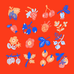 Set of decorative minimalist berries, flowers and leaves for design. Flat style nature and flora for patterns, backgrounds. Strawberries, spiked berries, holly on branch. Vector illustrations.