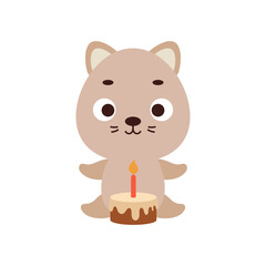 Cute little cat with birthday cake on white background. Cartoon animal character for kids cards, baby shower, invitation, poster, t-shirt composition, house interior. Vector stock illustration