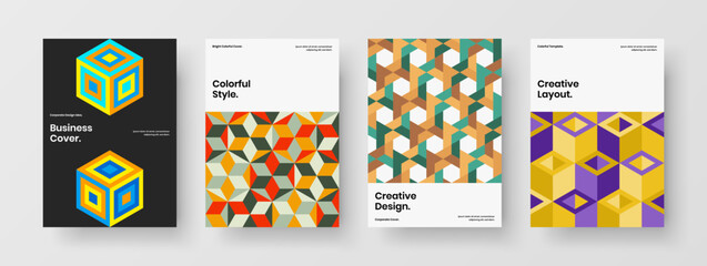 Fototapeta premium Multicolored presentation vector design concept composition. Fresh mosaic hexagons magazine cover template bundle.