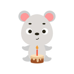 Cute little mouse with birthday cake on white background. Cartoon animal character for kids cards, baby shower, invitation, poster, t-shirt composition, house interior. Vector stock illustration