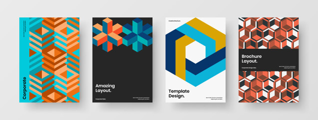 Fototapeta premium Isolated geometric pattern leaflet template collection. Multicolored front page A4 design vector illustration bundle.