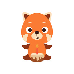 Cute little red panda with birthday cake on white background. Cartoon animal character for kids cards, baby shower, invitation, poster, t-shirt composition, house interior. Vector stock illustration