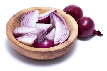Sliced Red Onion in wooden bowl isolated on white background