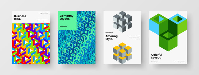 Fototapeta premium Bright booklet vector design illustration bundle. Abstract geometric hexagons company cover concept composition.