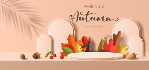 Product banner for autumn, podium platform with geometric shapes, collection of beautiful fall leaves, paper illustration, and 3d paper.
