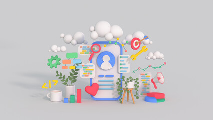 SEO optimization and digital marketing design 3D render illustration