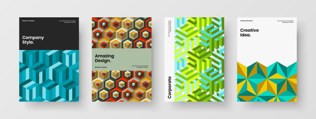 Fototapeta na wymiar Minimalistic mosaic hexagons flyer template composition. Amazing corporate brochure A4 vector design illustration bundle.