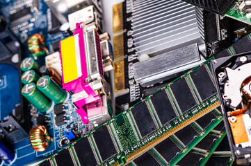 pile with various computer electrical boards and components, Repairing and upgrade concept, closeup