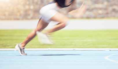 Motion blur sports runner, fast and speed in competition, olympics and race in stadium arena...