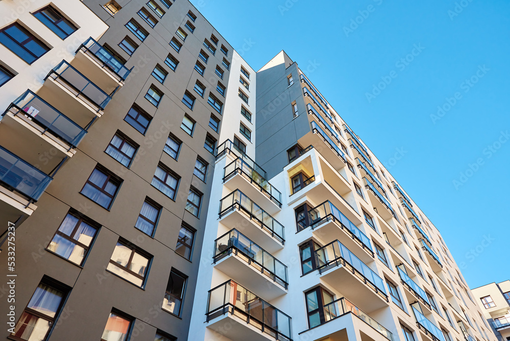 Wall mural Modern city architecture, Residential house building facade with balconies in Warsaw.