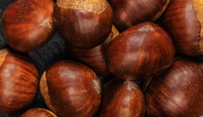 Chestnuts as a  background. Autumn Horse chestnuts top view