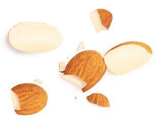 Group of almonds isolated on white background. Almond nuts pieces top view. Flat lay. Creative layout.