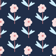 Vector flat illustration with retro flowers. Simple natural seamless motif on a dark background. Vintage floral pattern for design of fabric, paper, and other surfaces