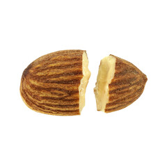 Broken pieces Almonds, Isolated on white background, Top view