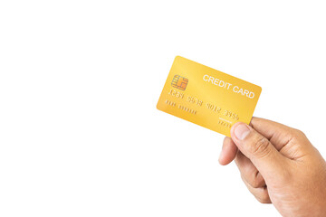Close-up hand of Asian man holding yellow gold credit card in his hand. isolated on white...
