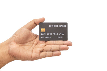 Close-up hand of Asian man holding black credit card in his hand. isolated on white background. Concept of finance, trading, communication, social, technology, business