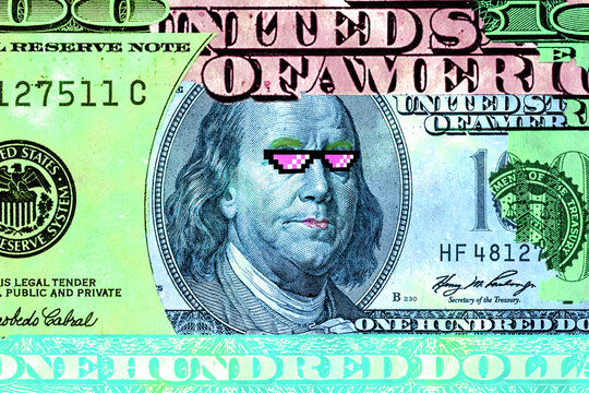 Contemporary artwork background with colored banknote. Digital texture backdrop. Trendy pop art fun culture. Neural network art poster. Funky punk collage design. Creative concept money illustration.