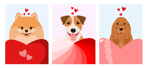 A set of cards with cute dogs and hearts. Cartoon design. Pets.
