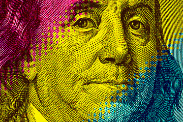 Contemporary artwork close up president banknotes face. Digital texture backdrop. Trendy pop art fun culture. Neural network art poster. Funky punk collage design. Creative concept money illustration. - obrazy, fototapety, plakaty