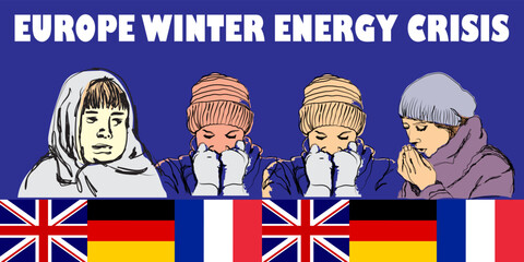 Hand drawn illustration of cold people expression, europe winter energy crisis. Suitable for posters, pamphlets, graphic resources and wall decorations to remind expensive and scarce energy.