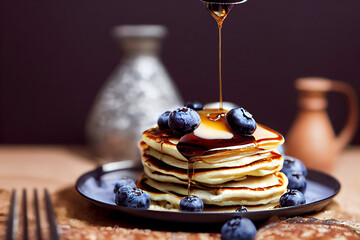 Maple syrup dripping onto blueberry pancakes, food photography and illustration