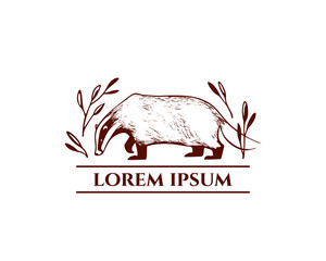 Vector logo template with hand drawn cute badger in graceful floral laurel. Ink drawing, graphic style. Beautiful design elements.