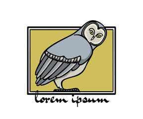 Vector card with hand drawn mysterious Great Grey Owl in austere frame. Ink drawing, decorative graphic style. Beautiful animal design elements, logo template