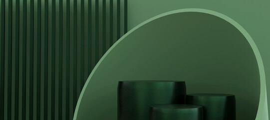 Green podium with abstract art objects. Stand to show products. Stage showcase with modern scene. Pedestal display with copy space. 3D rendering. Studio platform template.