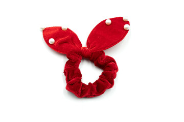 Red hair scrunchie isolated on white background.