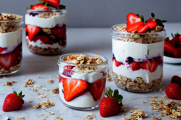 Strawberry parfaits with yogurt and granola, food photography and illustration