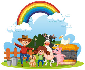 Isolated farm scene with cartoon character